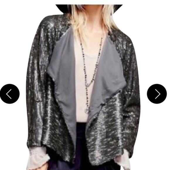 Free People Sequin Jacket Cardigan Small Grey Waterfall Party Sparkle Y2K - Picture 1 of 12